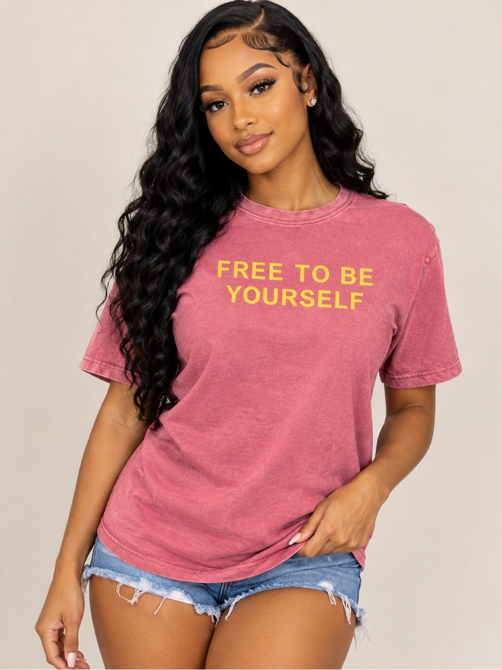 Woman Pink Shirt with Yellow Print
